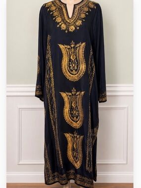 Authentic Turkish Sile Bezi Kaftan Tunic Black Gold Thread Maxi Dress L XL